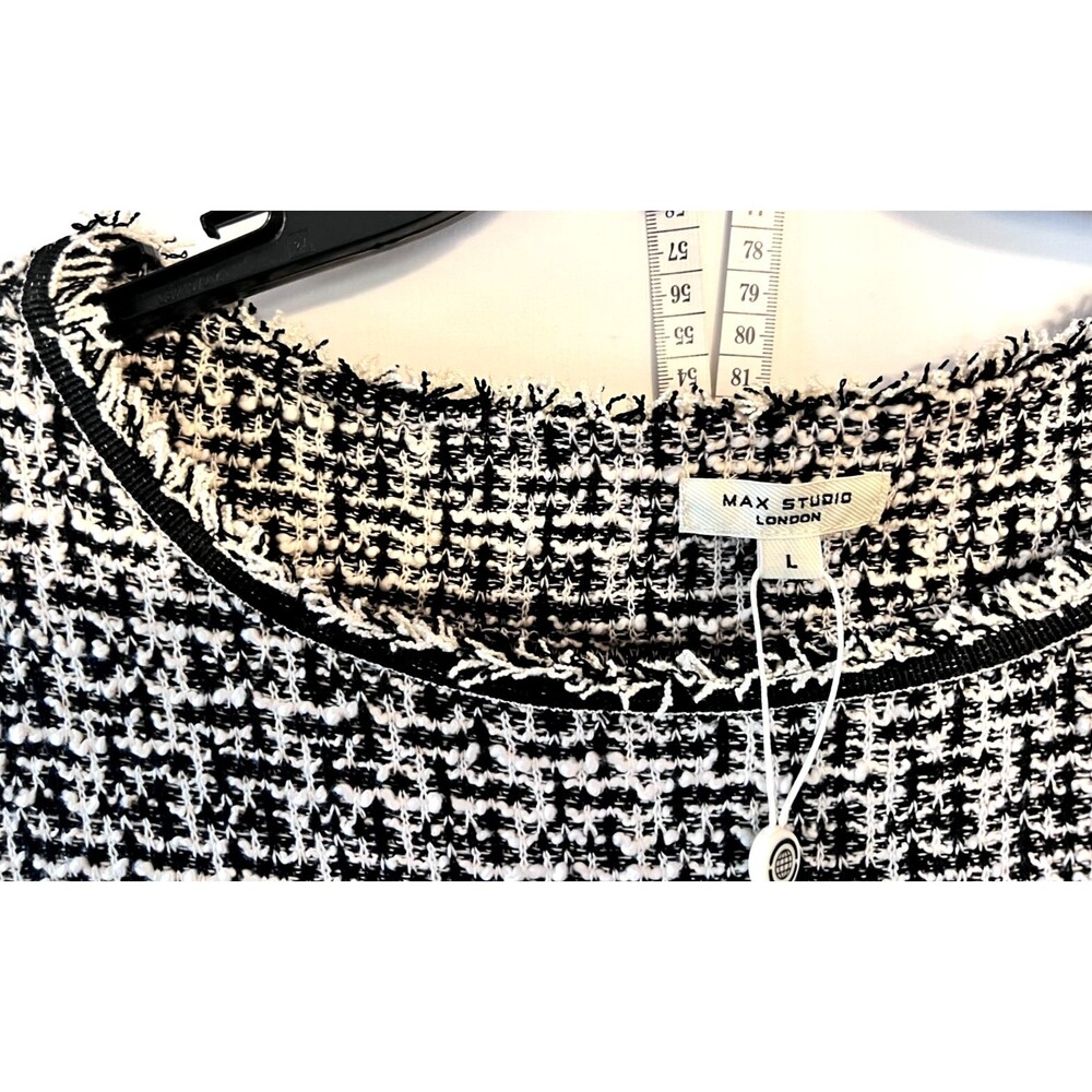 Max Studio Black White Soft Tweed 3/4 Sleeve Dress w/Fringes Size LARGE NWT - Picture 9 of 12